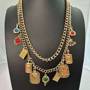 Vintage Gold Tone Multi Strand Charm Necklace Statement Chunky Layered Cabochon